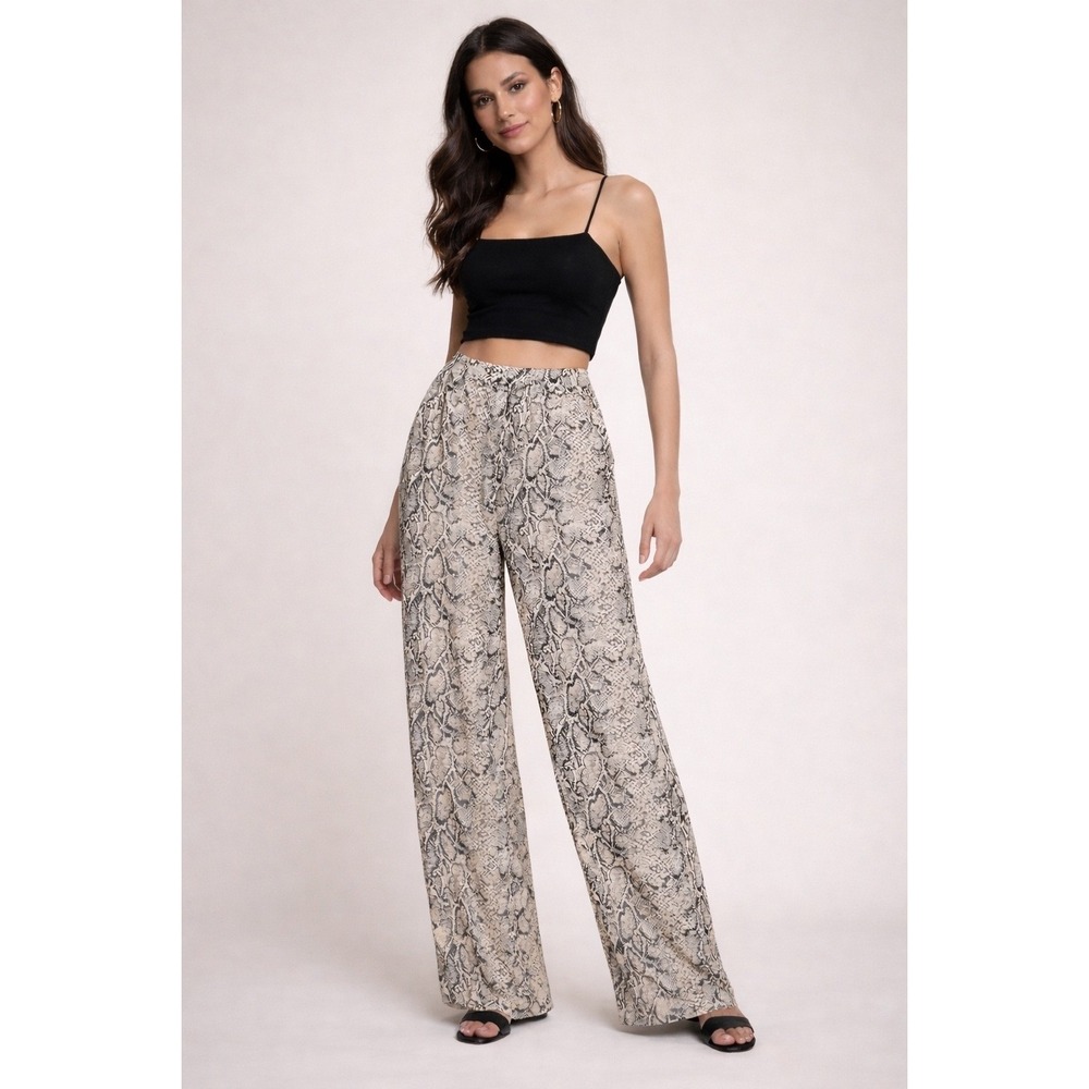 Reformation Snakeskin Print Wide Leg Pants Tan Black High Rise Size 12